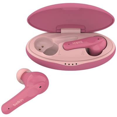 Een paar roze draadloze oordopjes in een bijpassende oplaadcase. Een oordopje ligt buiten de case.