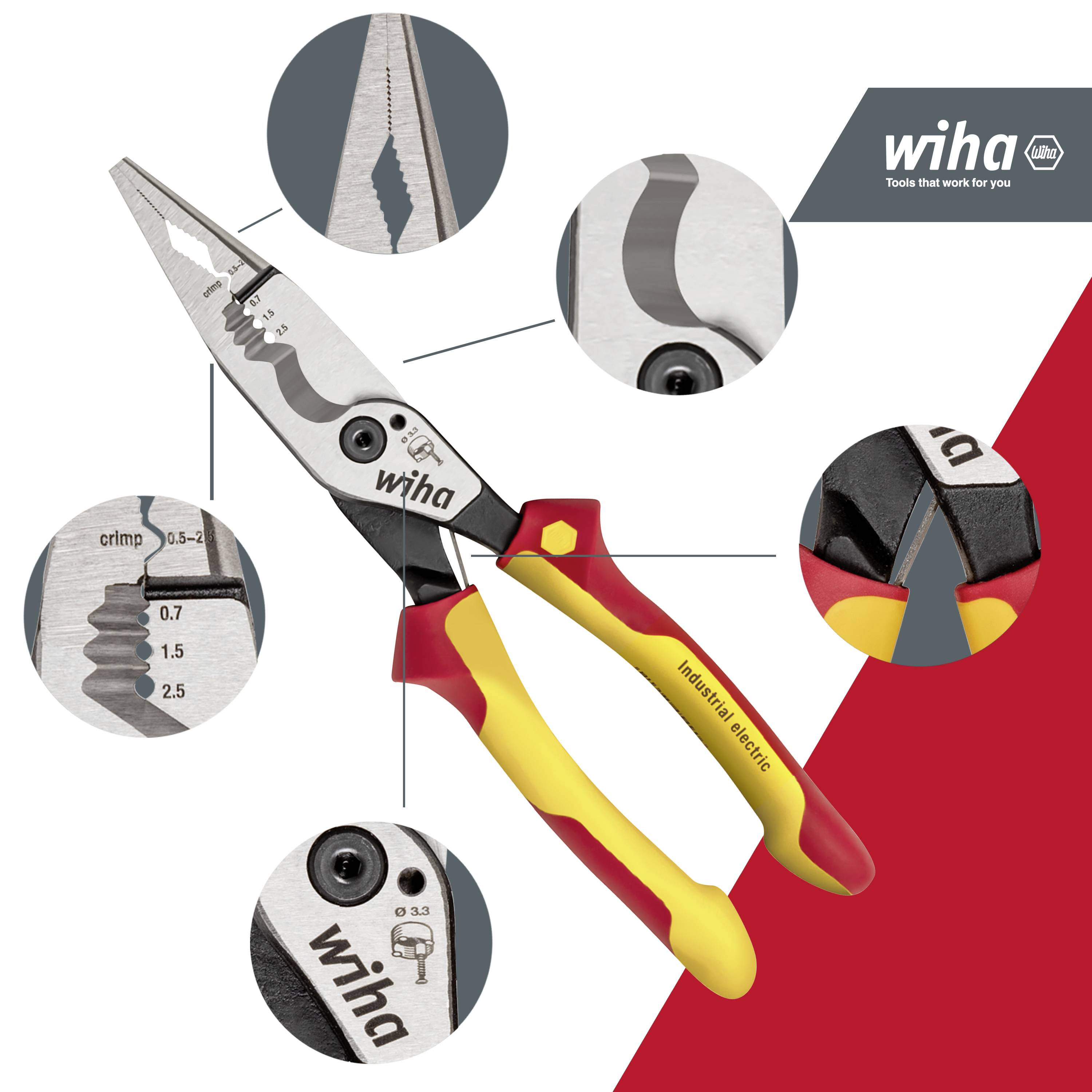 'Wiha combinatietang met meercomponenten-handgreep. Bevat vergrote weergaven van de grijp-, knip- en krimpsecties.'