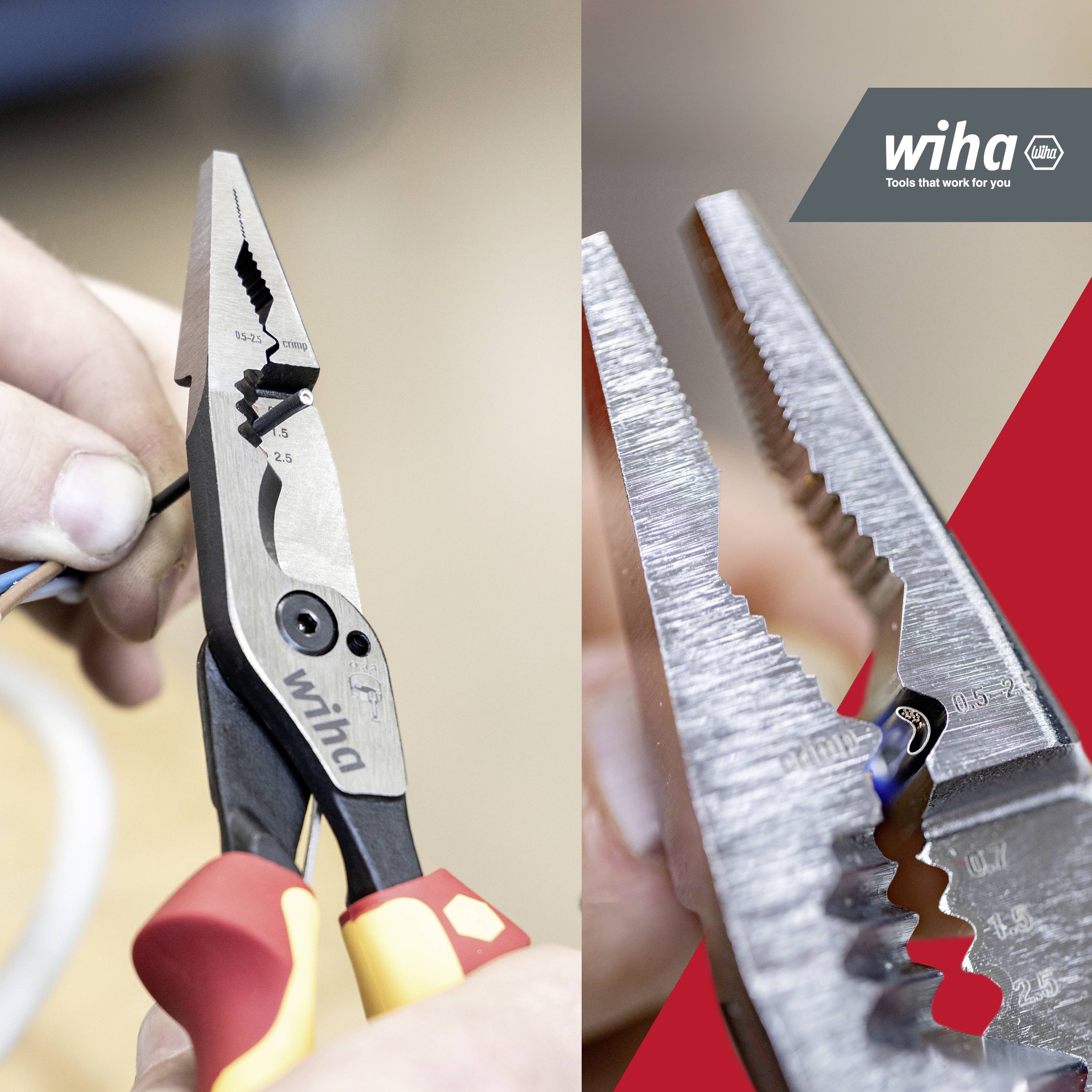 Twee afbeeldingen tonen kniptangen die draden doorsnijden. Links met zwarte handgreep, rechts een close-up. Logo rechtsboven 'wiha - Tools that work for you'.