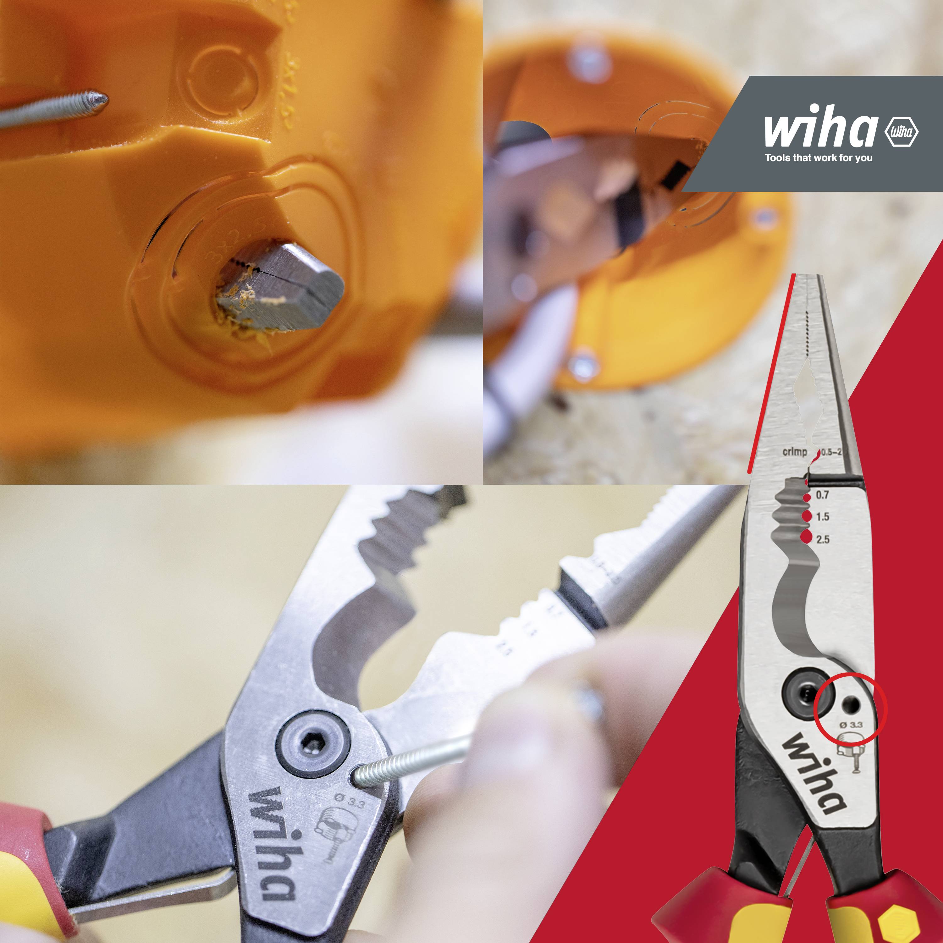 Verschillende rode Wiha-tangen close-up en in gebruik. Rechtsboven het logo 'wiha' met de slogan 'Tools that work for you'.