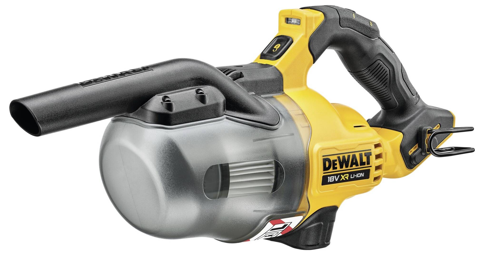 Een gele, snoerloze bladblazer van DeWalt met een ergonomische handgreep en een krachtige motor voor efficiënt werken.