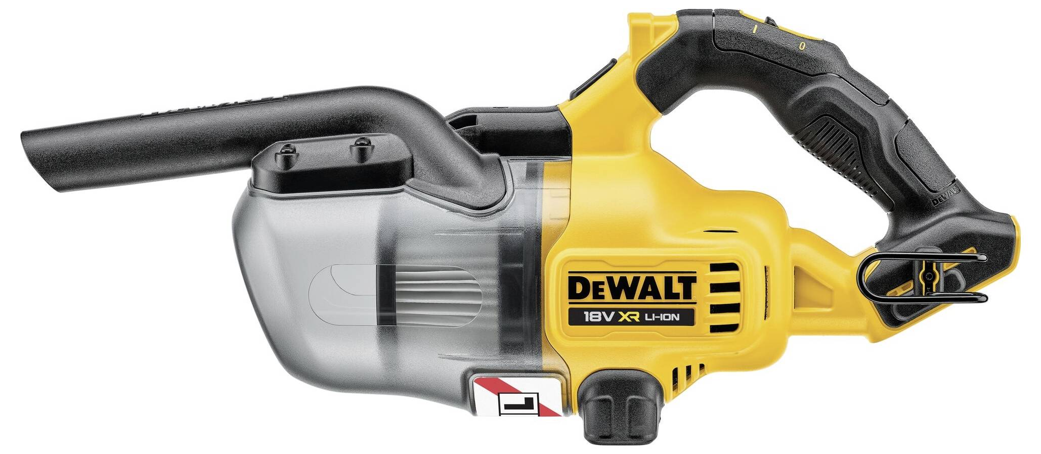 Een draadloze, geel-zwarte handstofzuiger van het merk DeWalt, geschikt voor bouw- en schoonmaakwerkzaamheden.