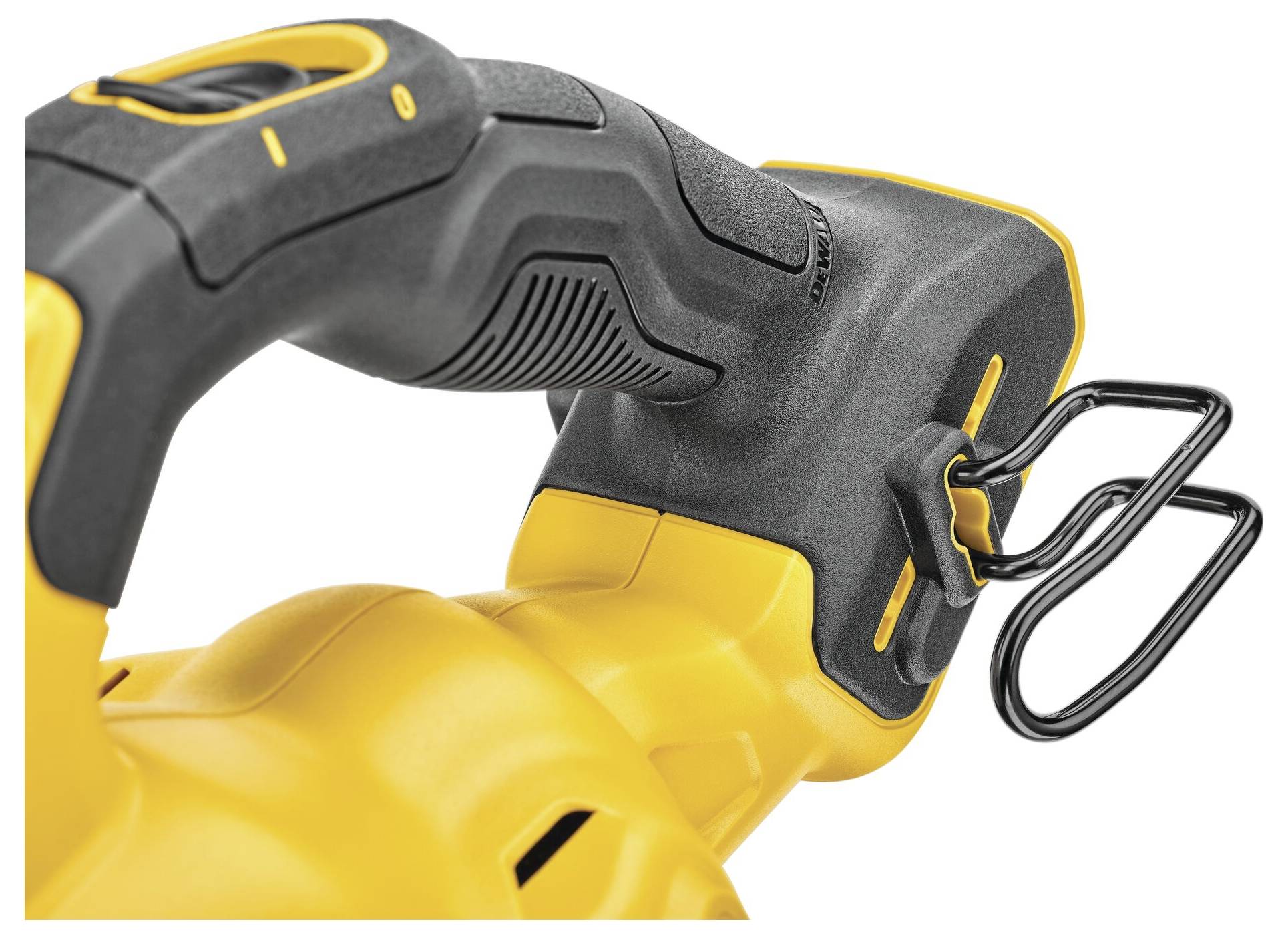 Een geel elektrisch handapparaat met een ergonomische handgreep en een bevestigde zwarte metalen sleutelhouder.