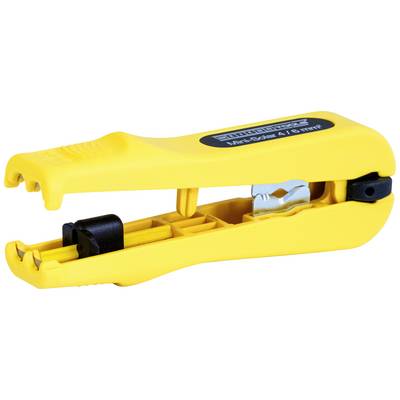 Een gele paperclipverwijderaar met een zwarte handgreep en metalen tanden.