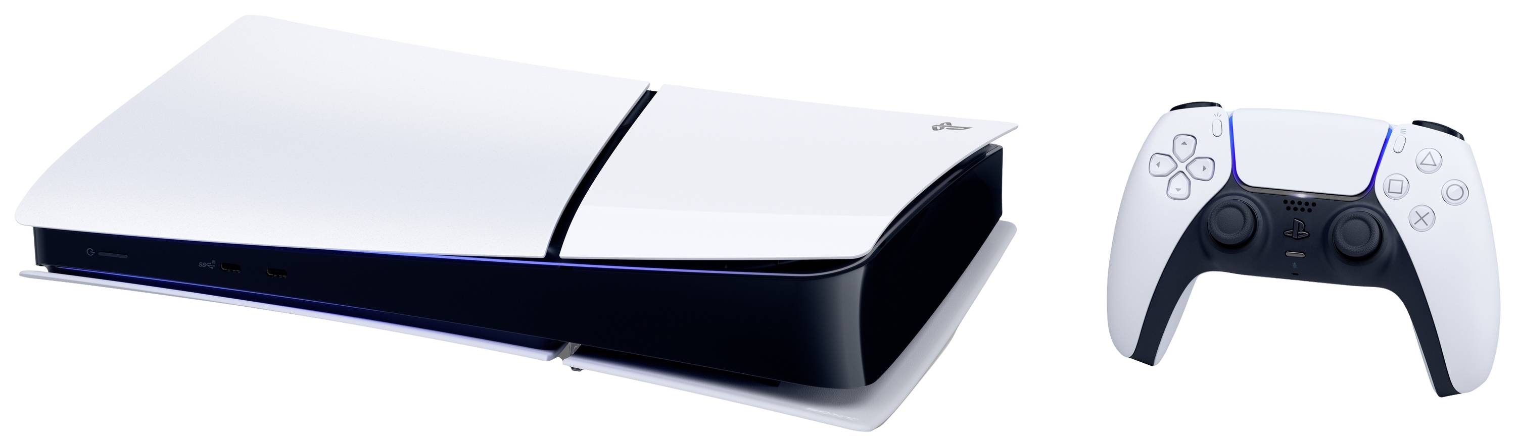 Een witte gameconsole met een strak design en een bijpassende controller.