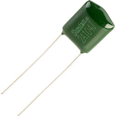Groene condensator met twee lange aansluitdraden, opdruk 'Sundon 2A104J'.