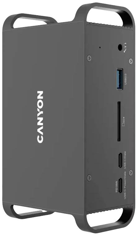Externe zwarte harde schijf met Canyon-logo, USB-aansluitingen en SD-kaartsleuf, geschikt voor gegevensoverdracht en -opslag.