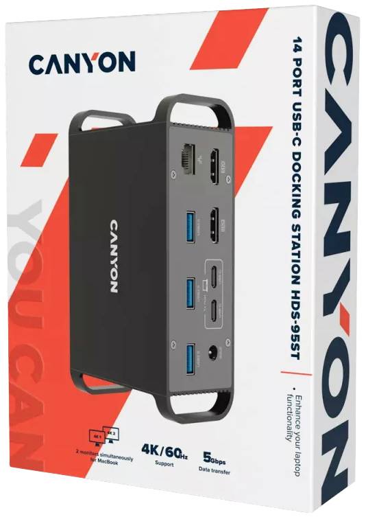 '14-Poorts USB-C Docking Station' van Canyon met meerdere USB-poorten, HDMI, Ethernet. Ondersteunt 4K/60Hz, gegevensoverdracht met 5 Gbps.
