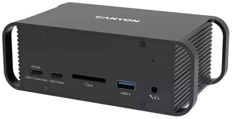 Een zwarte mini-pc met merklogo, USB-C- en USB 3.0-poorten, ventilatiesleuven aan de zijkanten en een netstroomaansluiting.