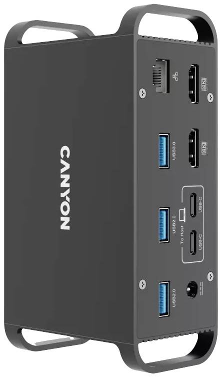 Een rechthoekige zwarte USB-hub met meerdere aansluitingen: USB, HDMI, netwerkpoort. Het merk 'Canyon' is aan de zijkant gedrukt.