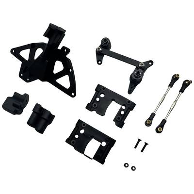 Verschillende zwarte metalen onderdelen en schroeven, vermoedelijk accessoires of reserveonderdelen voor mechanische of elektronische apparaten op een witte achtergrond.