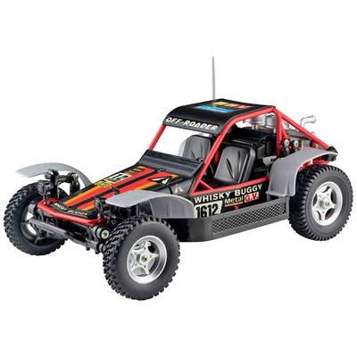 Speelgoed-buggy in offroad-stijl met opschrift 'WHISKY BUGGY Metal G.V.', zwart-rode lak, zichtbare antenne en schokdempers.