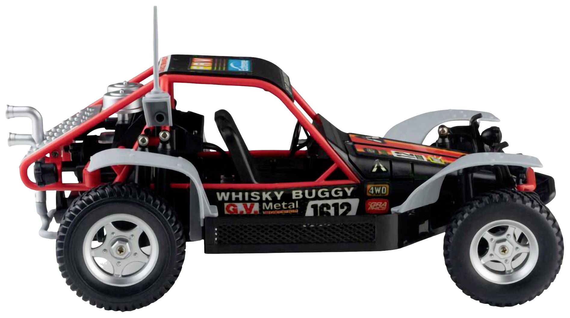 Een speelgoed-buggy in retro-stijl met opdrukken en een gedetailleerd frame is van opzij te zien.