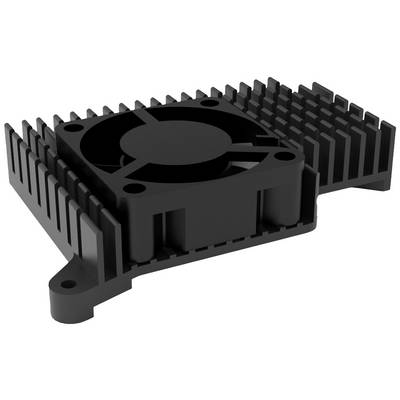 Koellichaam met geïntegreerde ventilator, voor warmteafvoer in elektronische apparaten, zwarte structuur met lamelvormig ontwerp.