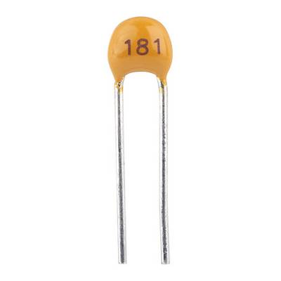 Een oranje keramische condensator met de opschrift '181', twee metalen poten. Hij wordt gebruikt voor het opslaan van elektrische lading in elektronische schakelingen.