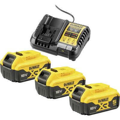 Geel snellader met drie gele 18V XR 5Ah accu's van Dewalt. Ideaal voor bouwwerkzaamheden, zorgt voor lange gebruiksduur van de gereedschappen.