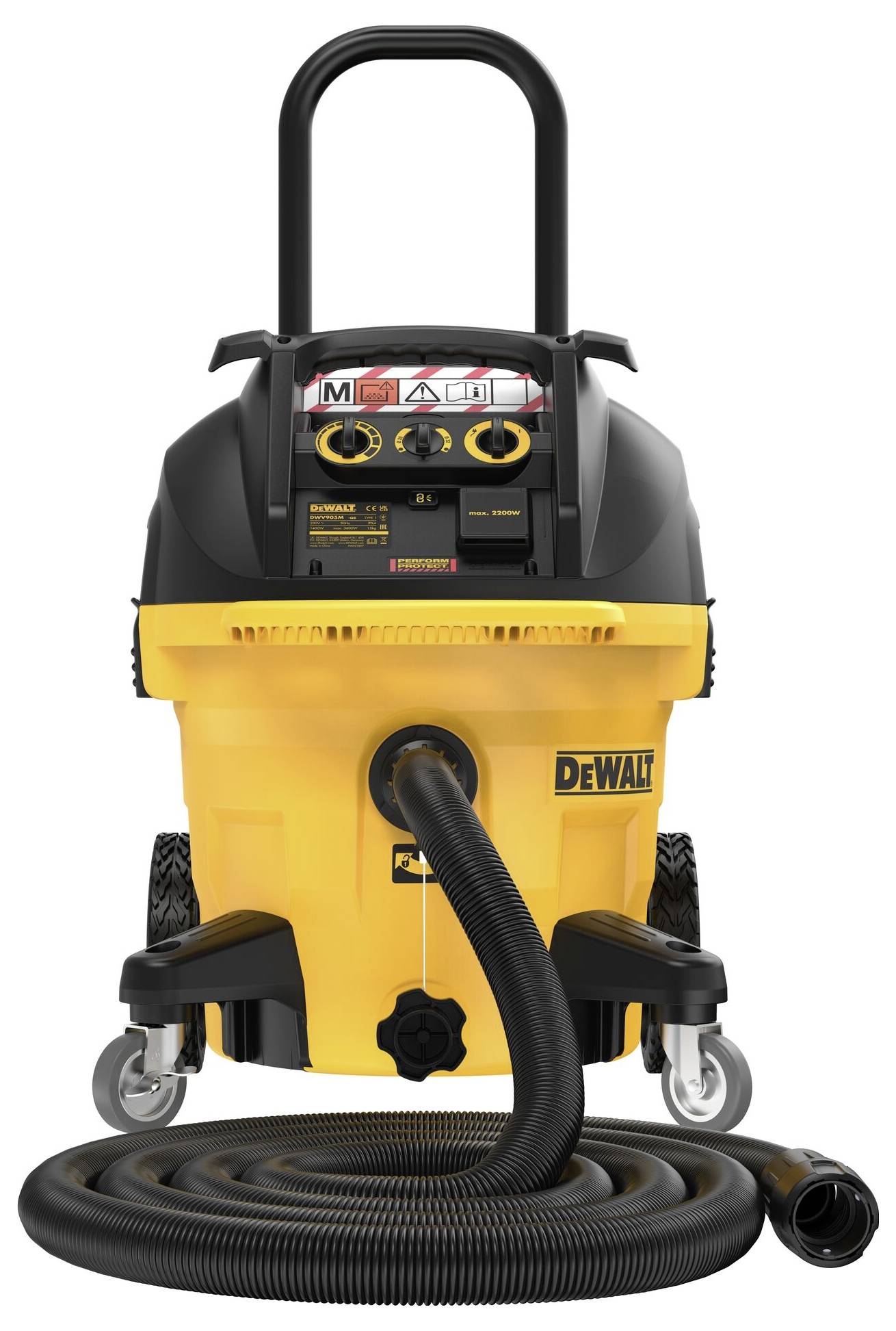 Gele industriële stofzuiger op wielen met een lange zwarte slang en handgreep, met het DeWalt-logo aan de voorkant.