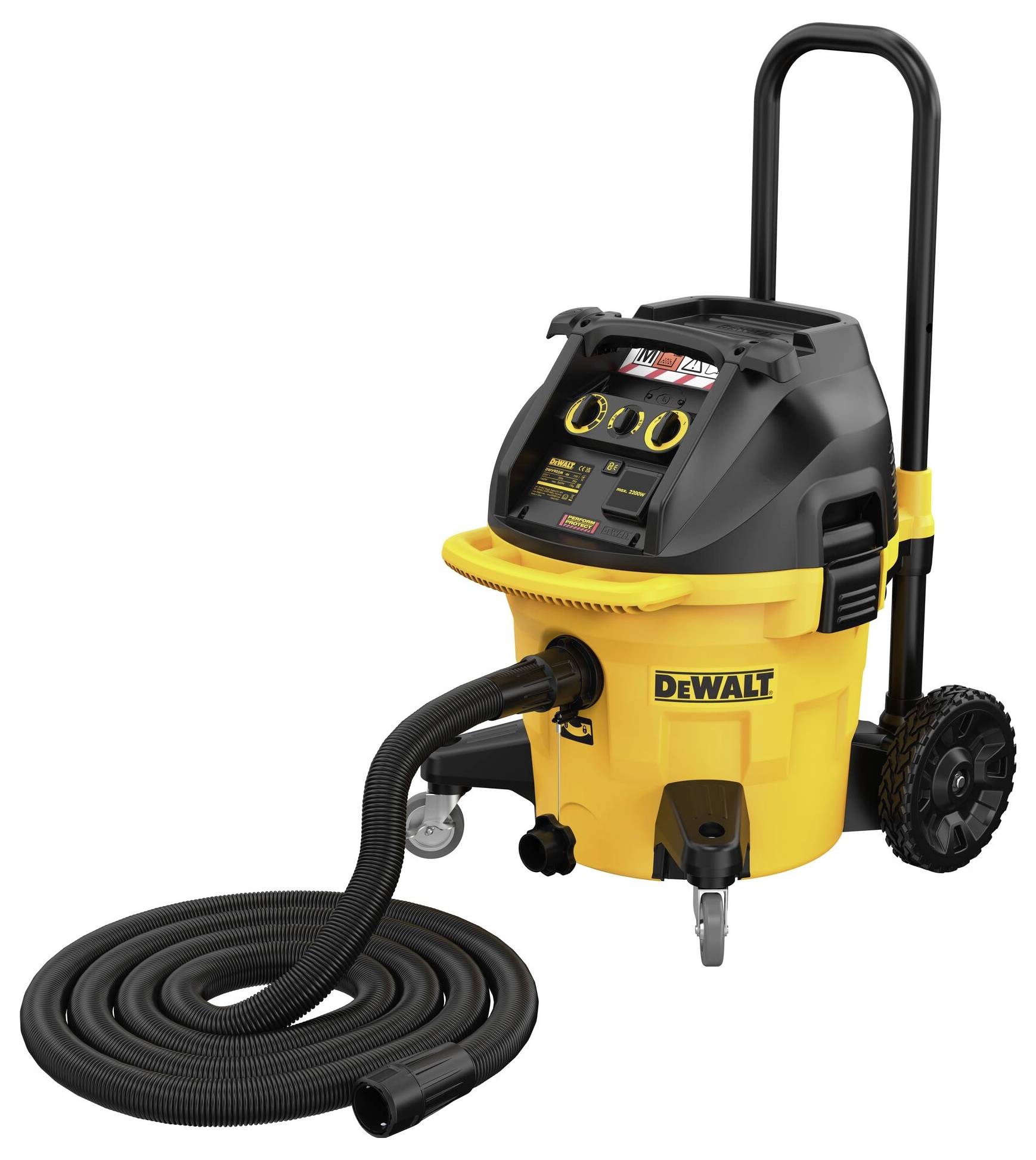 Gele industriële stofzuiger met zwarte slang en wielen, merk DeWalt, geschikt voor grove vervuiling en werkplaatsgebruik.