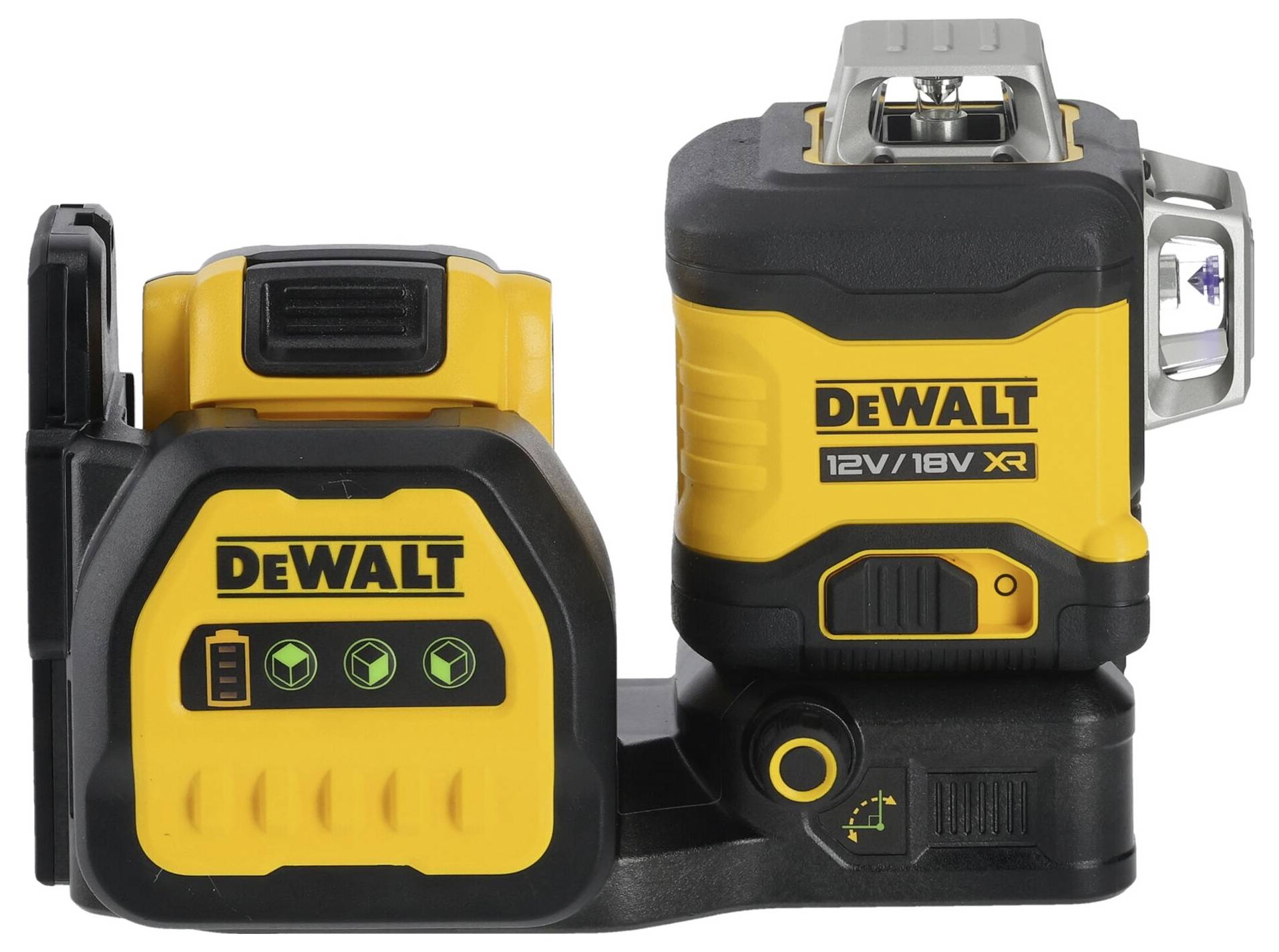 'Dewalt 12V/18V XR' lasergereedschap in geel en zwart, met laad- en prestatiedisplay.