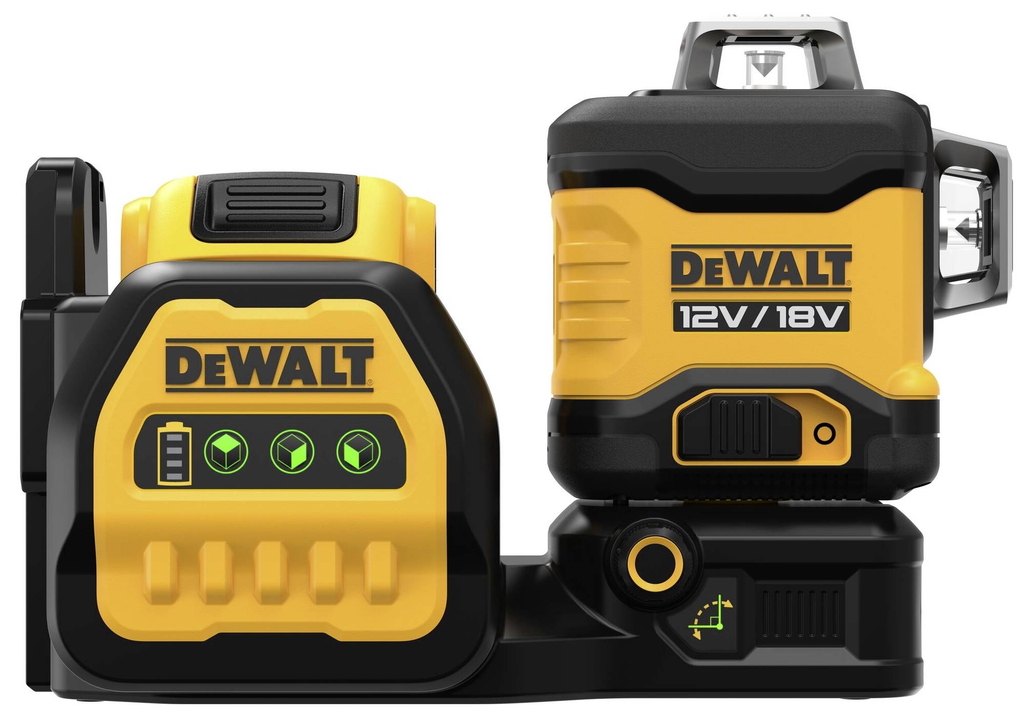 Draagbare DeWalt-accu en oplader, geel en zwart, met LED-indicatoren. Compatibel met 12V/18V apparaten.