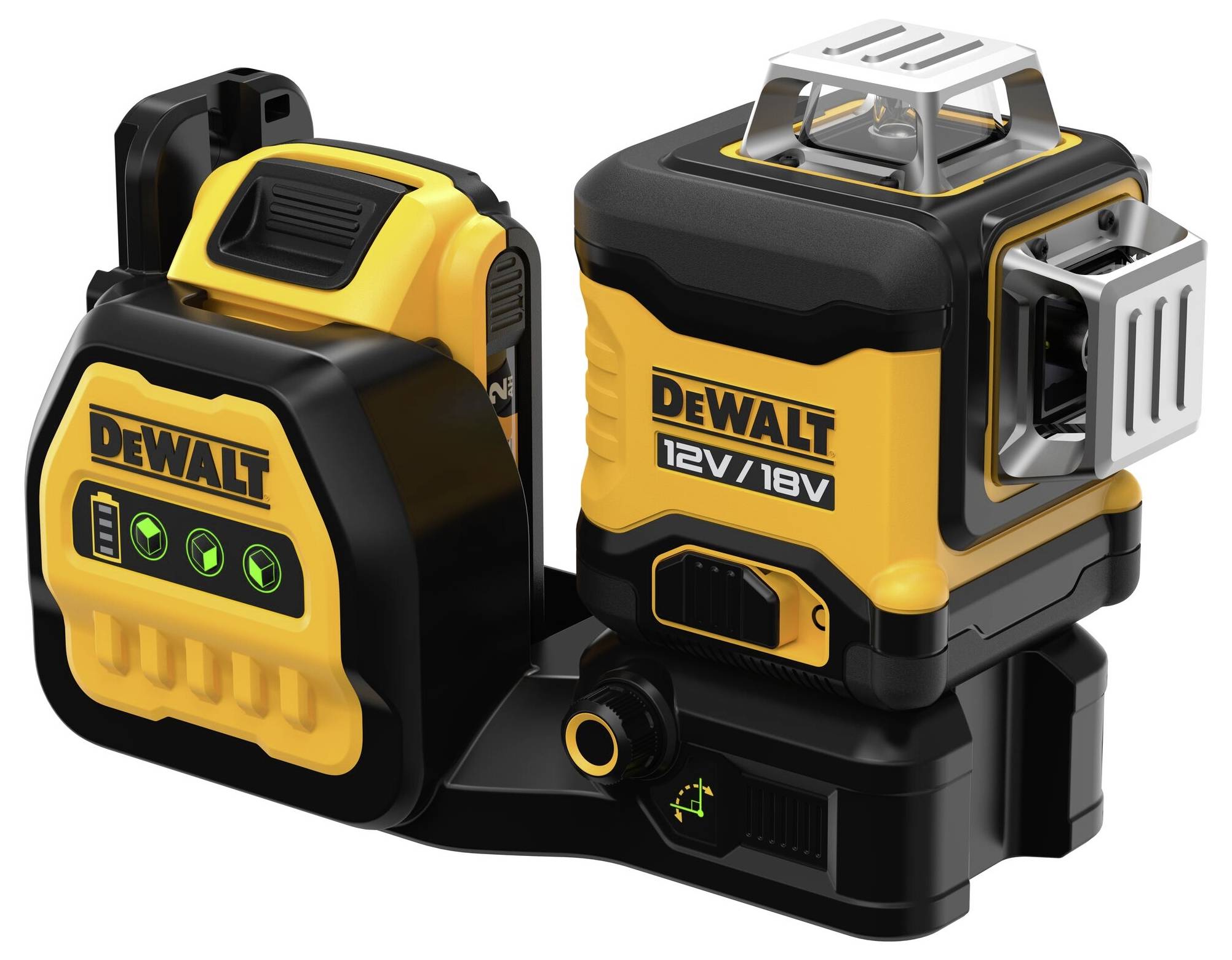 Laserwaterpas in geel en zwart met de tekst 'DeWALT 12V/18V'; toont bedieningselementen en bevestigingssysteem.