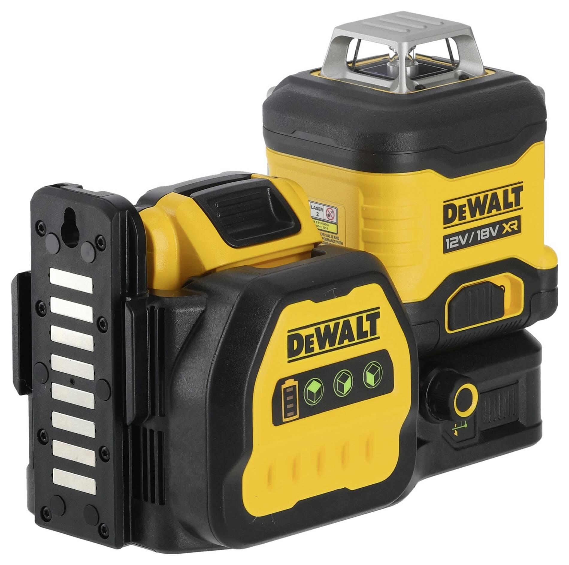 Een geel-zwarte DeWalt kruislijnlaser, geschikt voor nauwkeurige bouw- en renovatiewerkzaamheden.