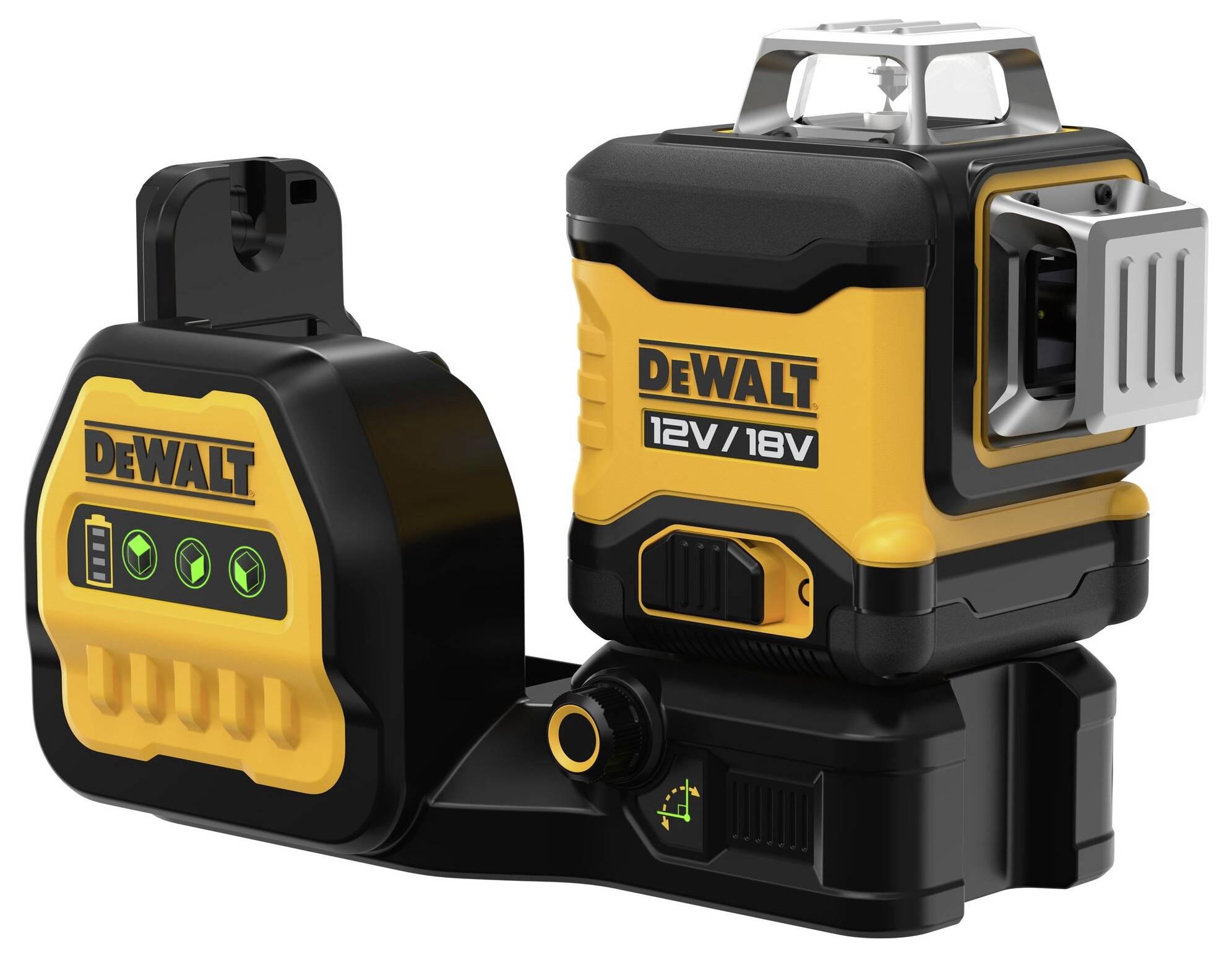 Een gele en zwarte DEWALT laserwaterpas met 12V/18V-indicator, gemonteerd op een statief, toont de laadstatus.