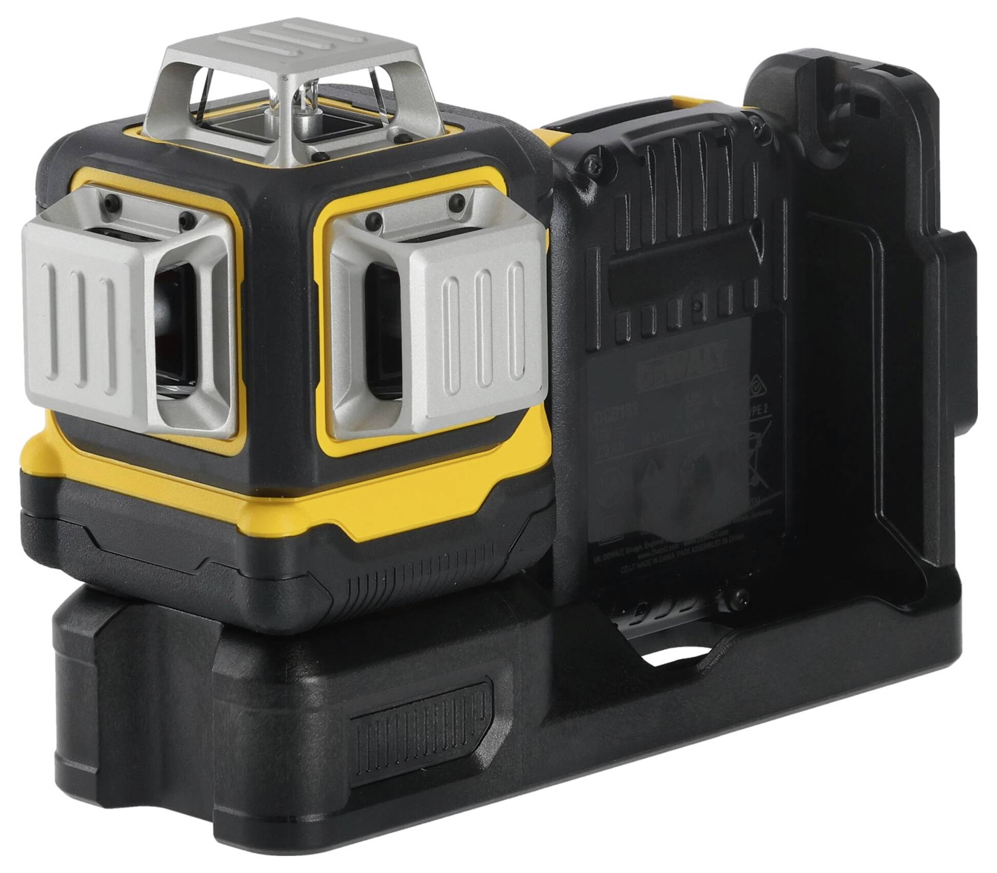 Een geel-zwarte rotatielaser voor bouw- en nivelleringswerkzaamheden, met een stabiele kunststof behuizing en meerdere laseruitgangen.