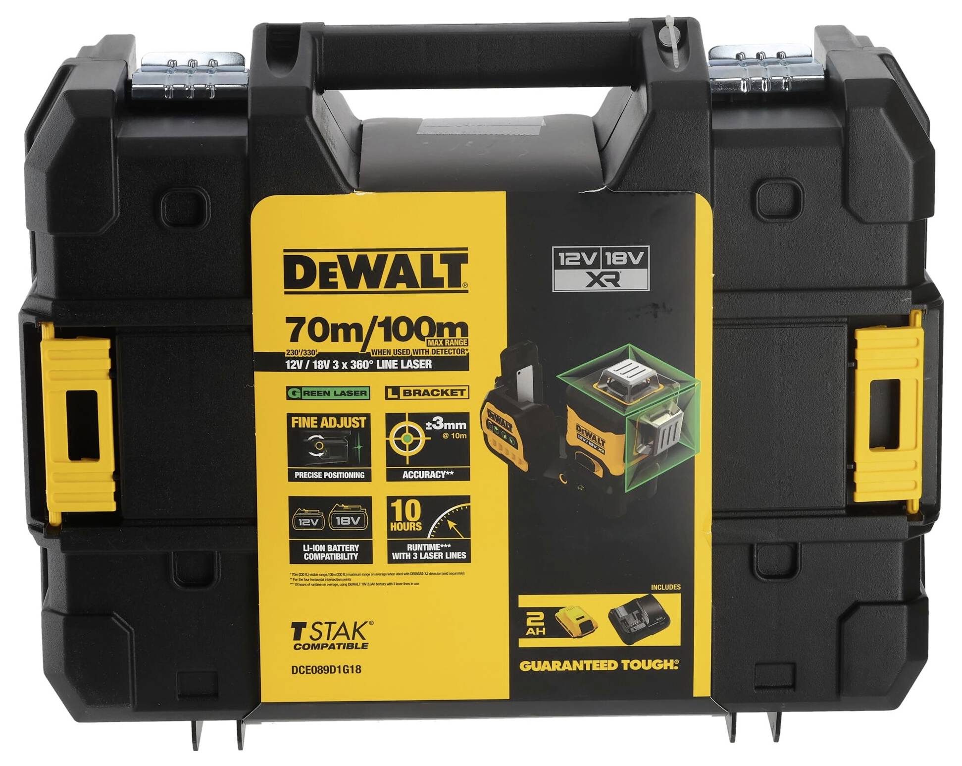 Zwarte Dewalt gereedschapskoffer met gele elementen, waarbij een 70m/100m lasermeetset wordt gepromoot. Specificaties en functies zijn afgedrukt.