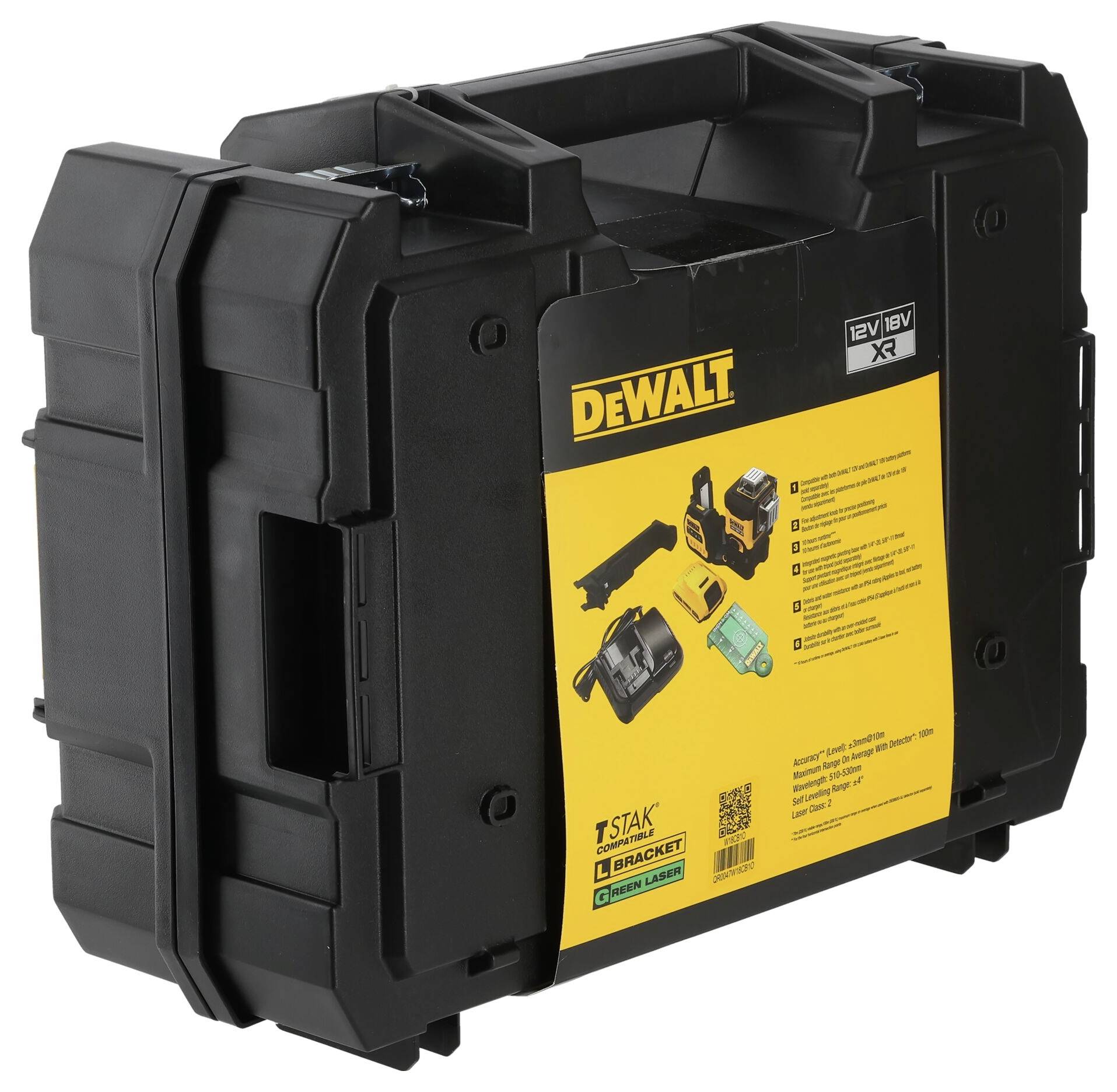 Zwarte gereedschapskist van DEWALT met gele sticker die accu's en opladers voor 12V en 18V XR stroomvoorziening weergeeft.