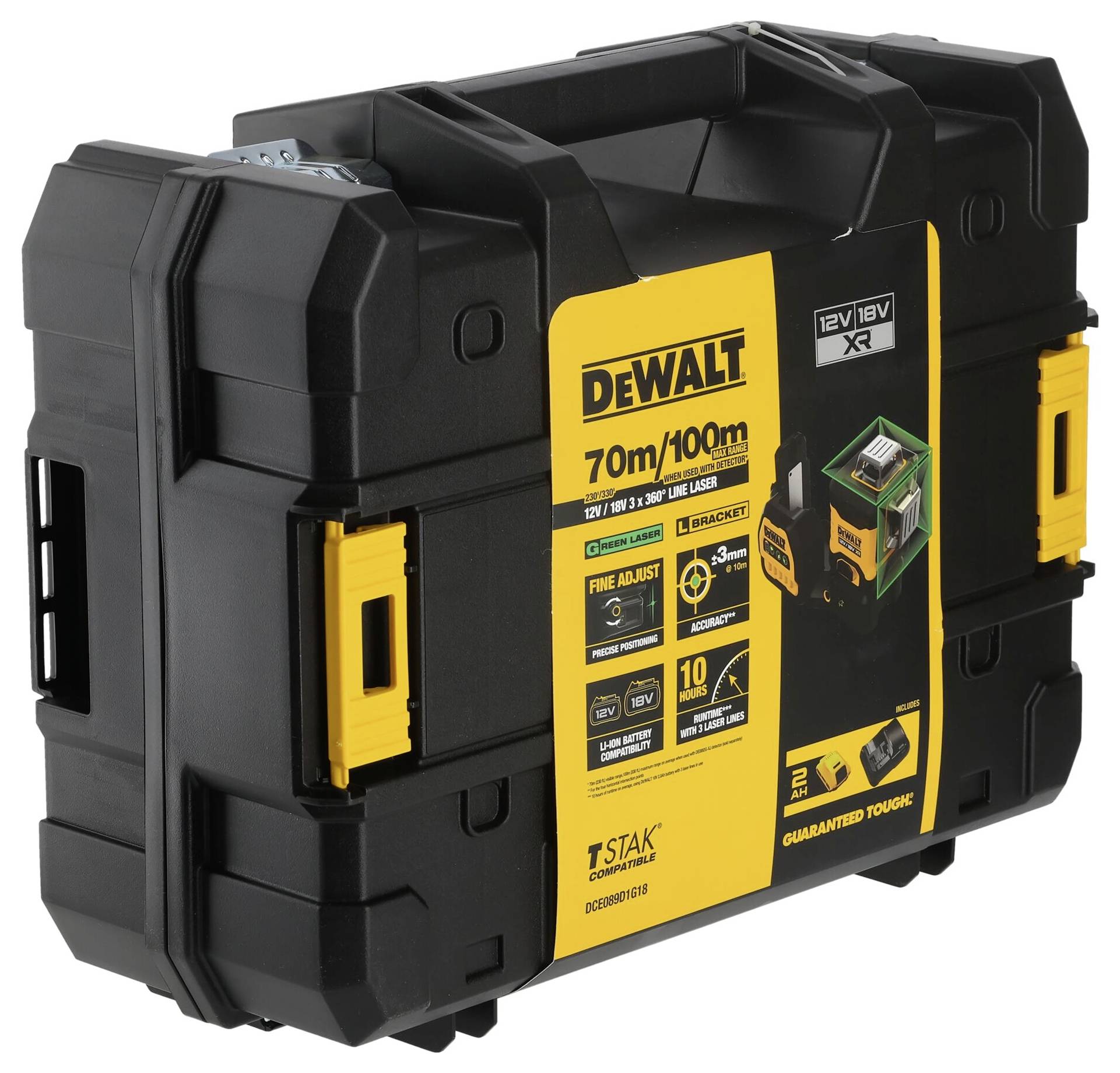 Zwarte DeWalt koffer met geel etiket waarop '12V/18V XR' en bereik '70m/100m' staat vermeld, evenals productdetails en afbeeldingen.