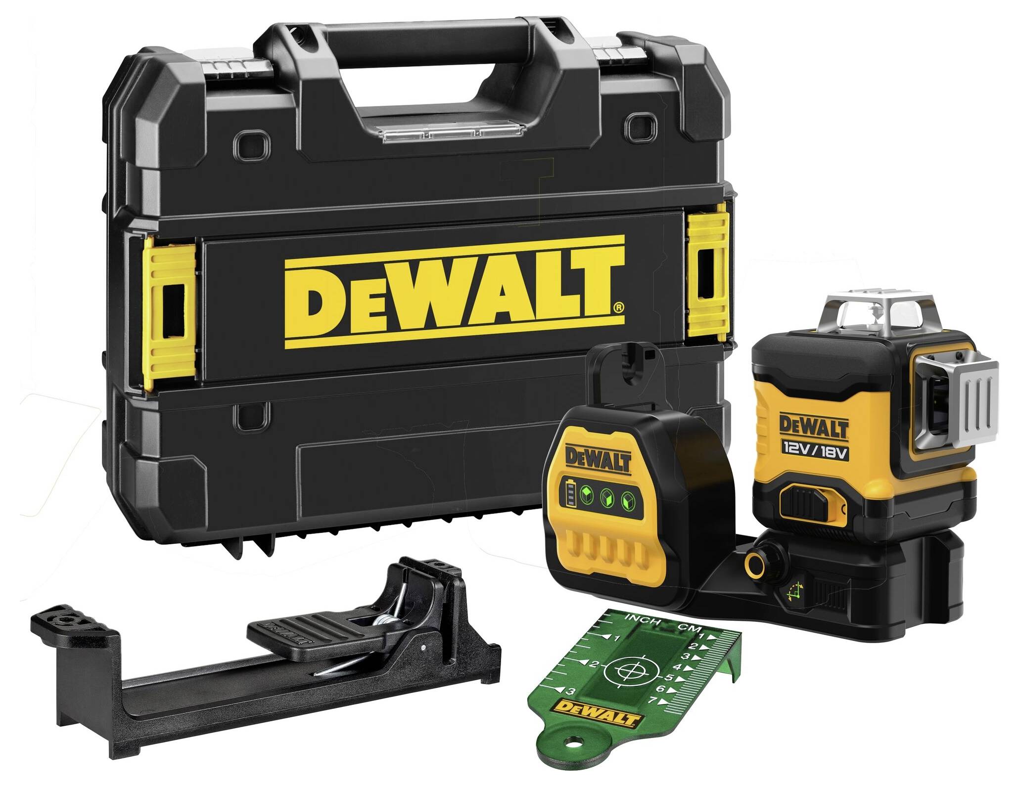 DeWalt 12V/18V laserniveaumeter in zwarte koffer, met oplader en toebehoren, benadrukt duurzaamheid en precisie.