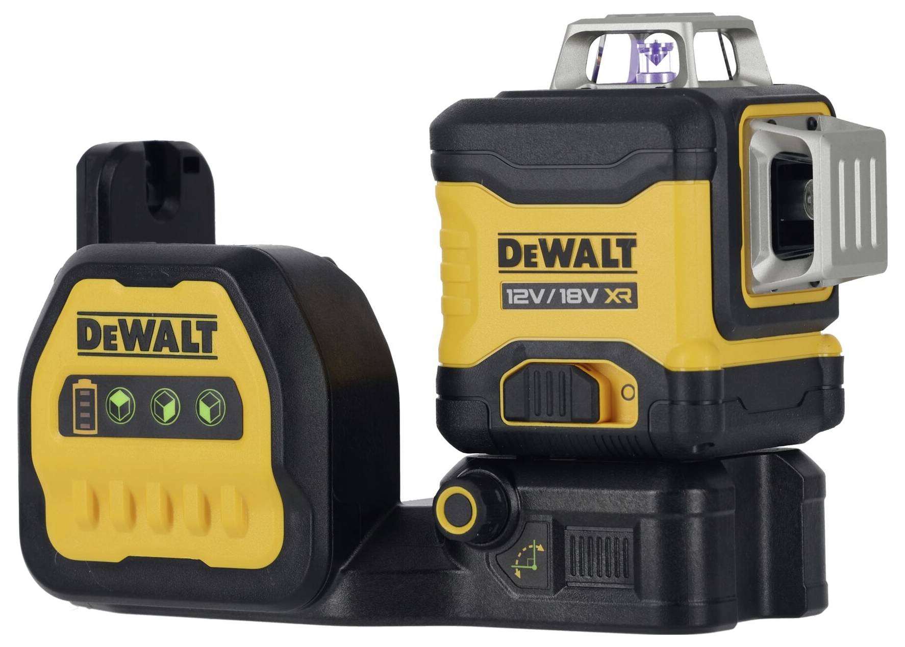 Een draadloze DeWalt-lijnlaser met 12V/18V XR accu. Het apparaat is zwart-geel, compact en ontworpen voor nauwkeurige bouwkundige toepassingen.