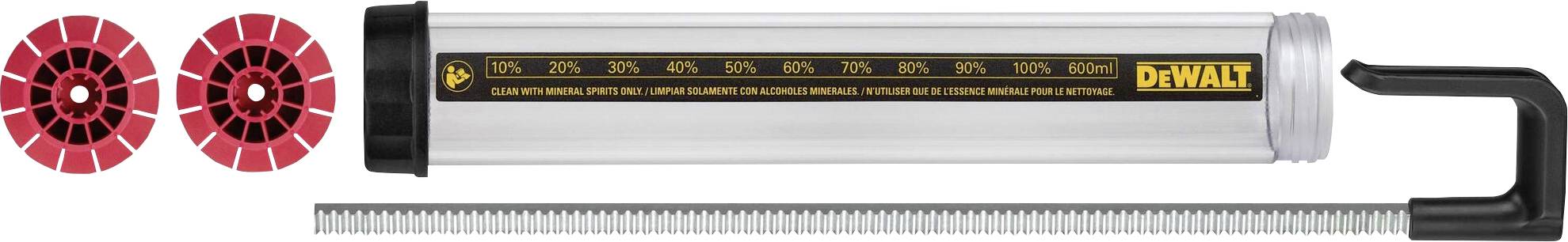 Accu-kitpistool van DeWalt met lange spuitmond en twee rode mengspuitjes, geschikt voor gebruik met afdichtingsmiddelen of lijmen.