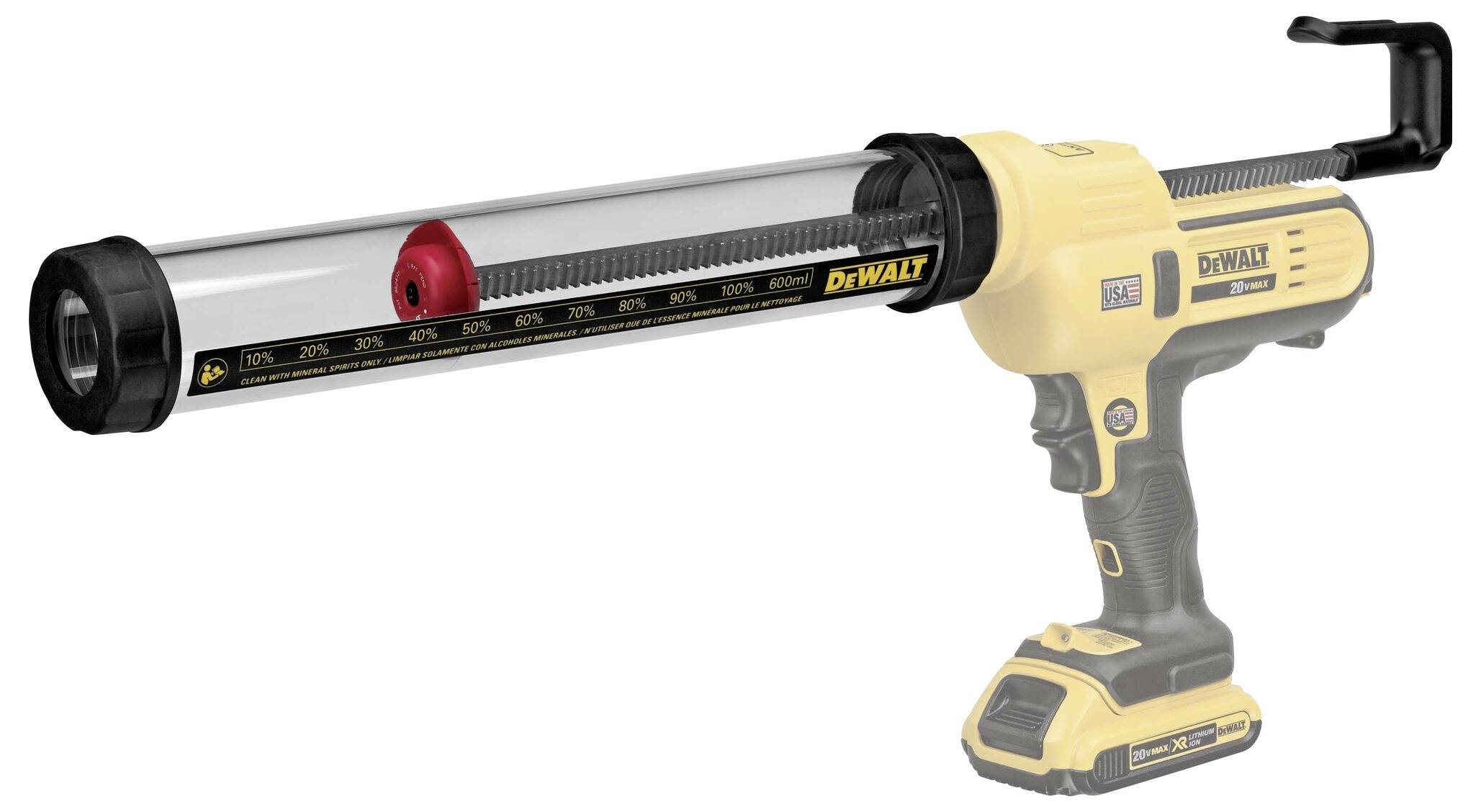 Lege industriële accu-lijmapplicator met zichtbaar tandheugelmechanisme en handgreep. Merklogo en schaal op de buis.