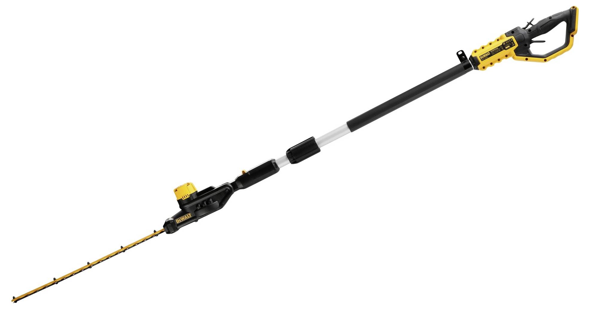 Elektrische telescopische heggenschaar met geel en zwart handvat en lange snijkop, geschikt voor hoge hagen.