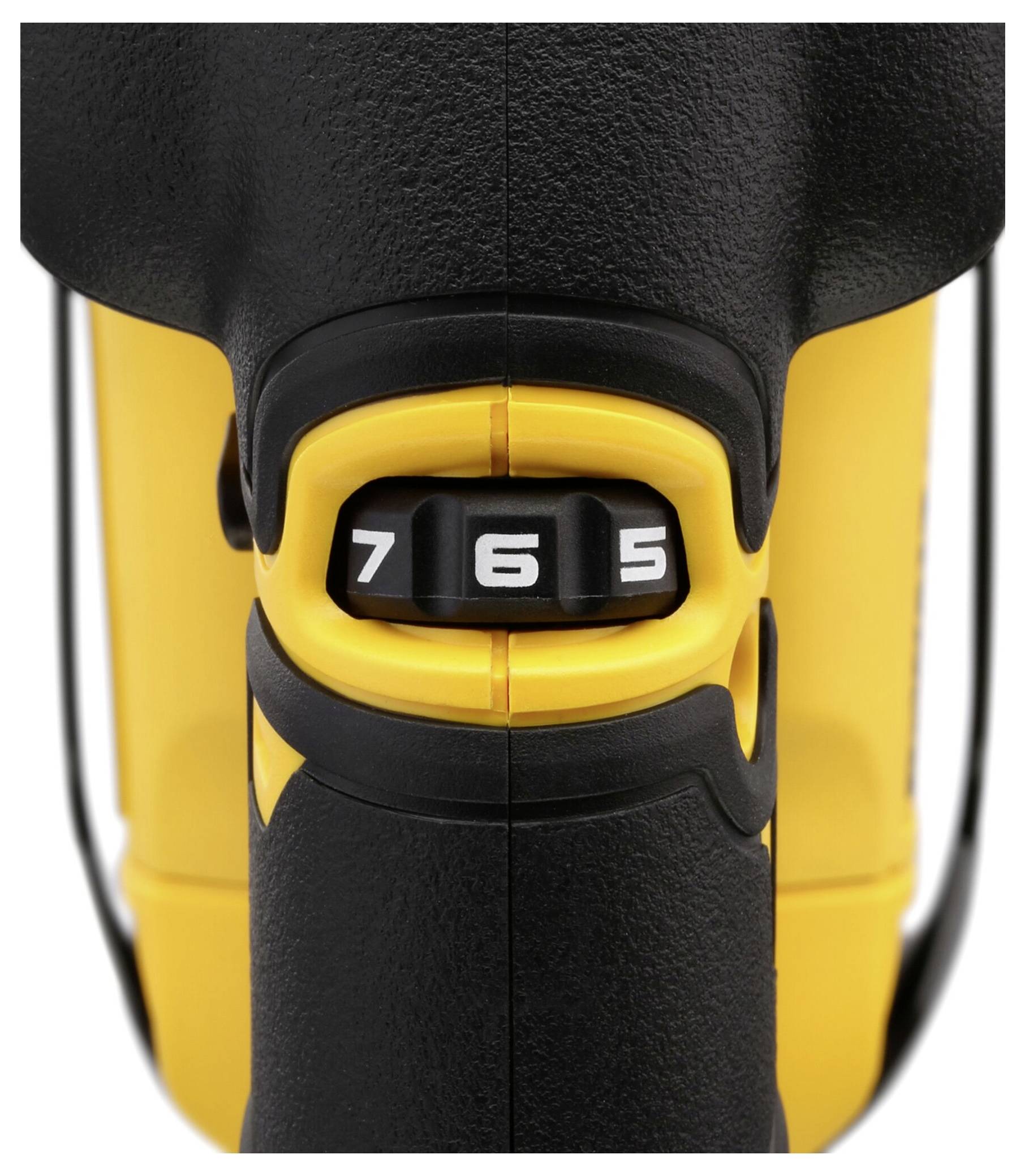 Close-up van een geel cijferslot met de combinatie '7-6-5'. De cijfers zijn zichtbaar op een witte achtergrond.