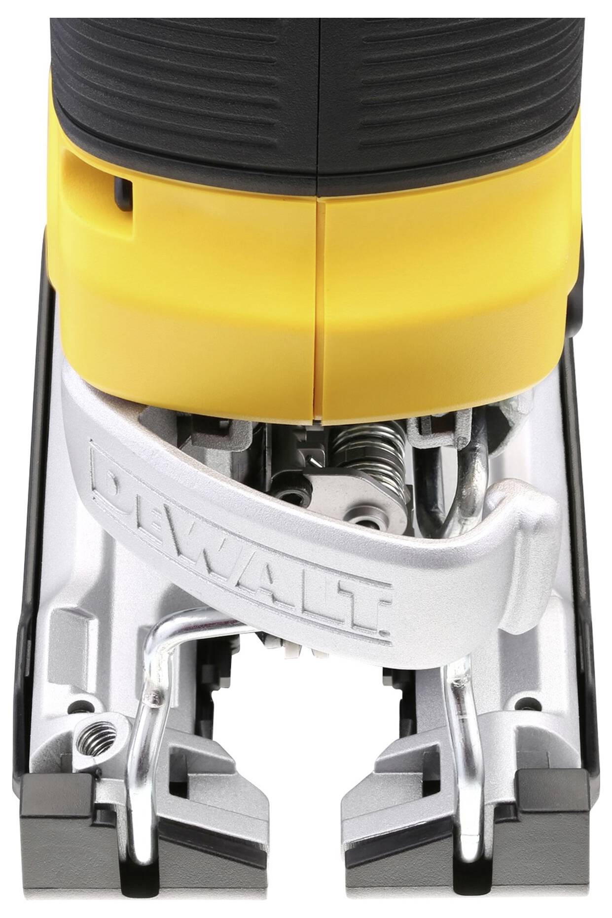 Elektrische decoupeerzaag van voren gezien, met metalen en kunststof onderdelen, compacte handgreep, opvallend door geel en zwart kleurgebruik.