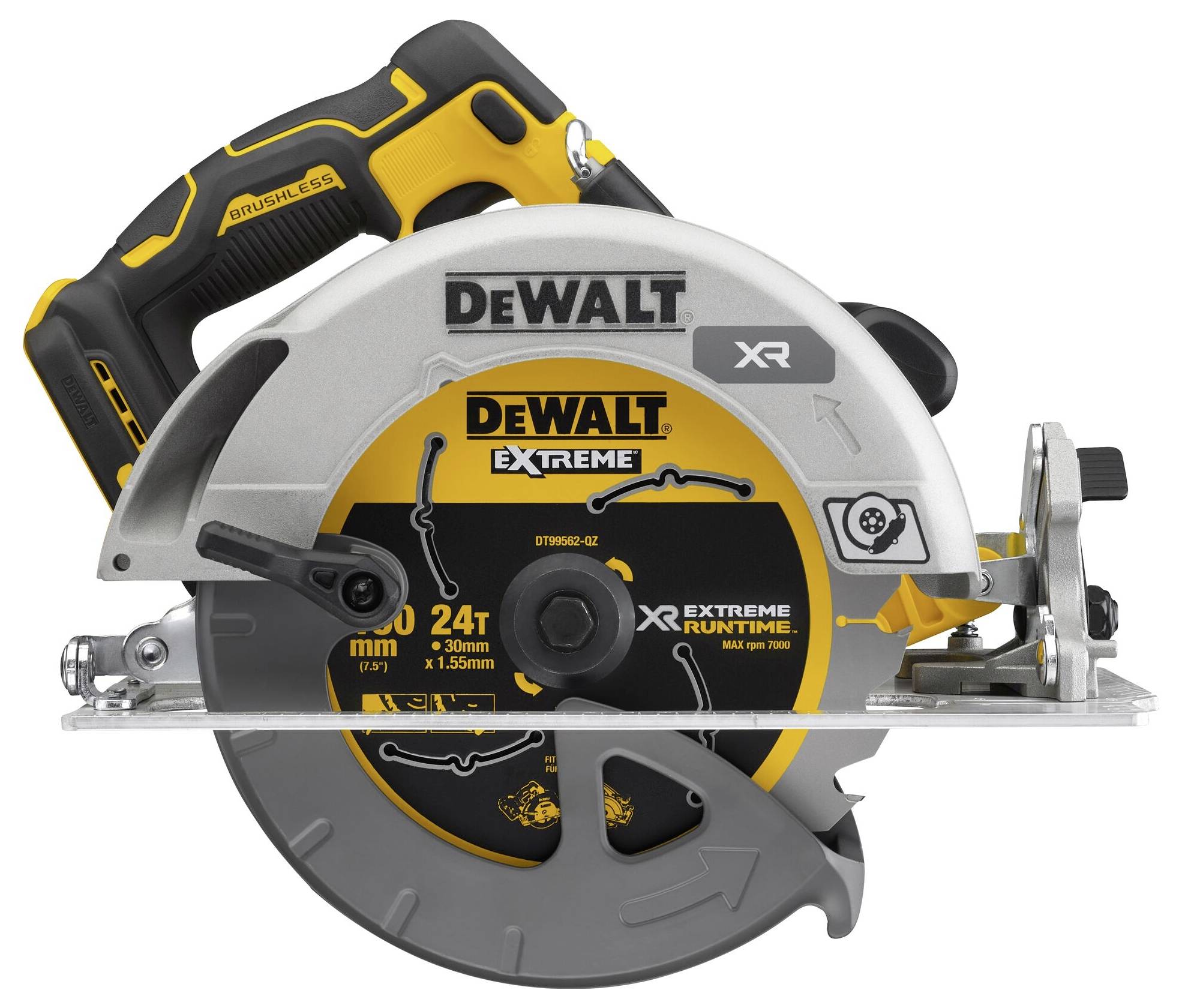 Ronde, gele en zwarte DeWalt-handcirkelzaag, modelnummer zichtbaar. Ideaal voor doe-het-zelvers en professionele bouwwerkzaamheden.