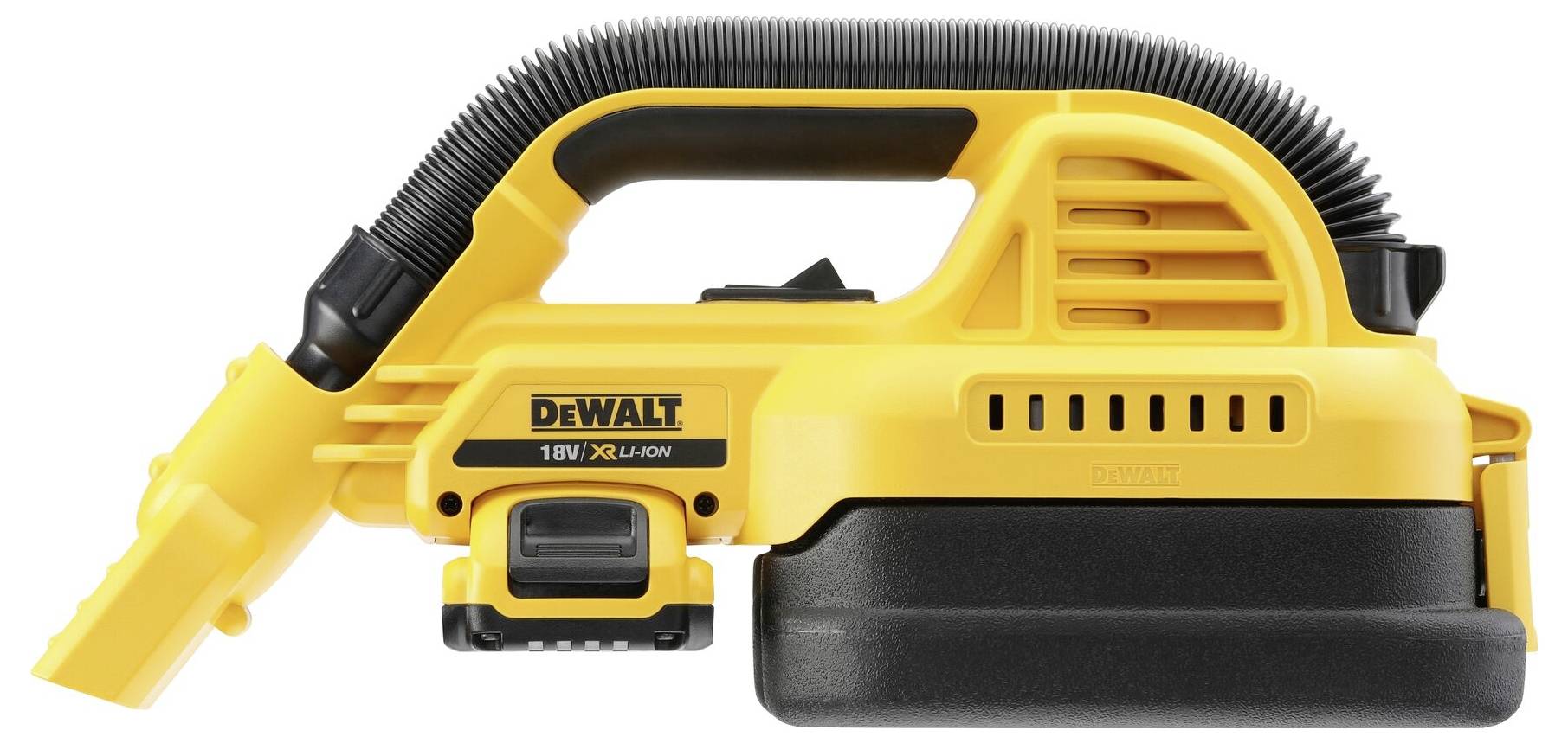 Gele draagbare stofzuiger met 'DeWalt'-logo, geschikt voor draadloos gebruik.