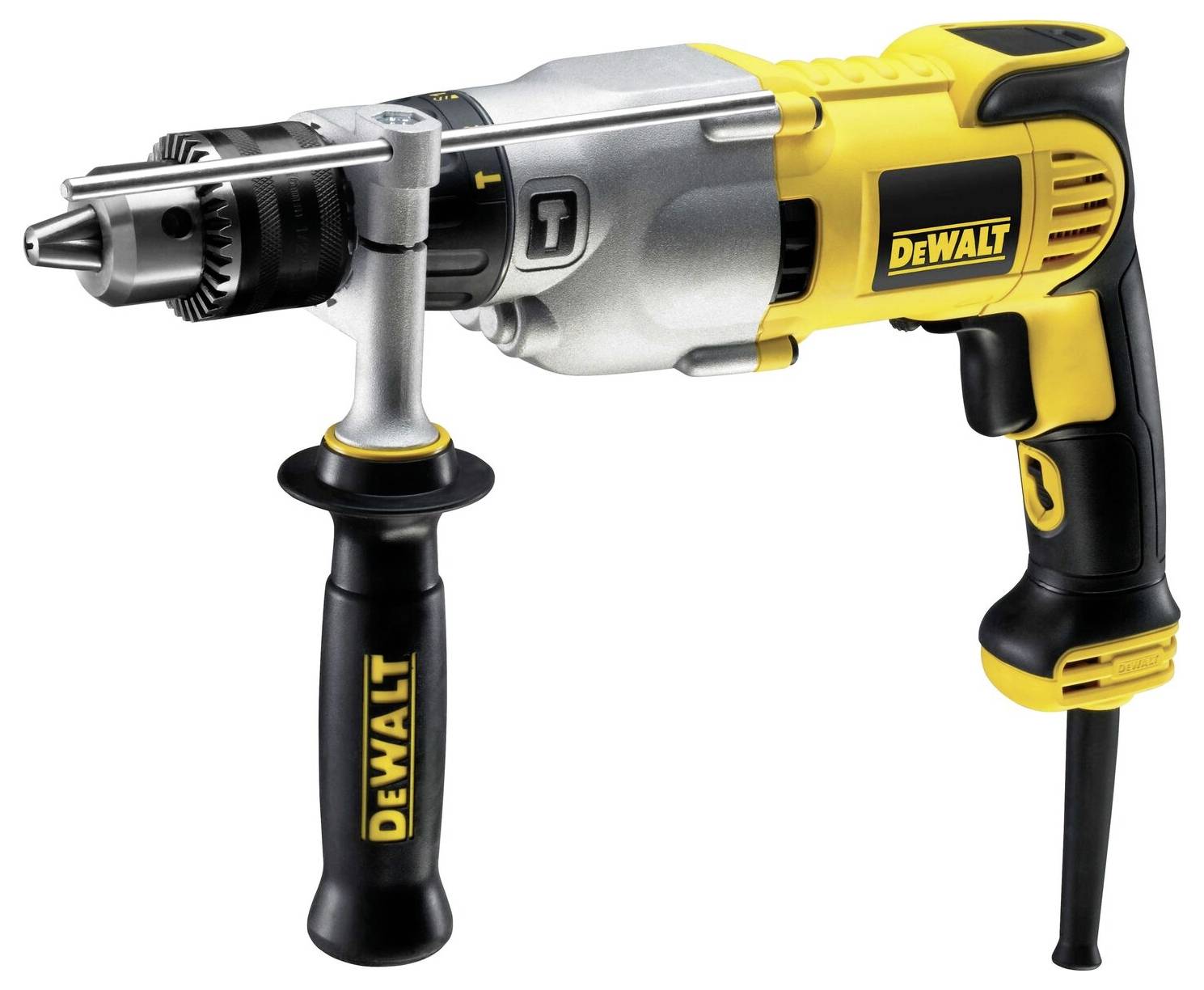 Een geel-zwarte DeWalt-boormachine met een zijdelingse handgreep en een netsnoer. Geschikt voor doe-het-zelf werkzaamheden.