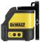 Geel en zwart laser-waterpastoestel met 'DeWALT'-logo. Het apparaat heeft een aan- en uitschakelaar en andere bedieningselementen.