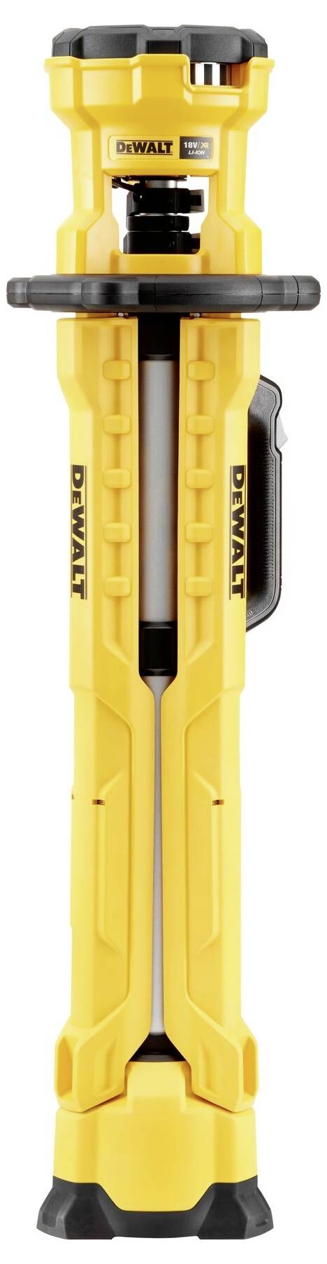 Een opvouwbare, gele DEWALT-lamp rechtop staand, met het merkenlogo aan de zijkant.
