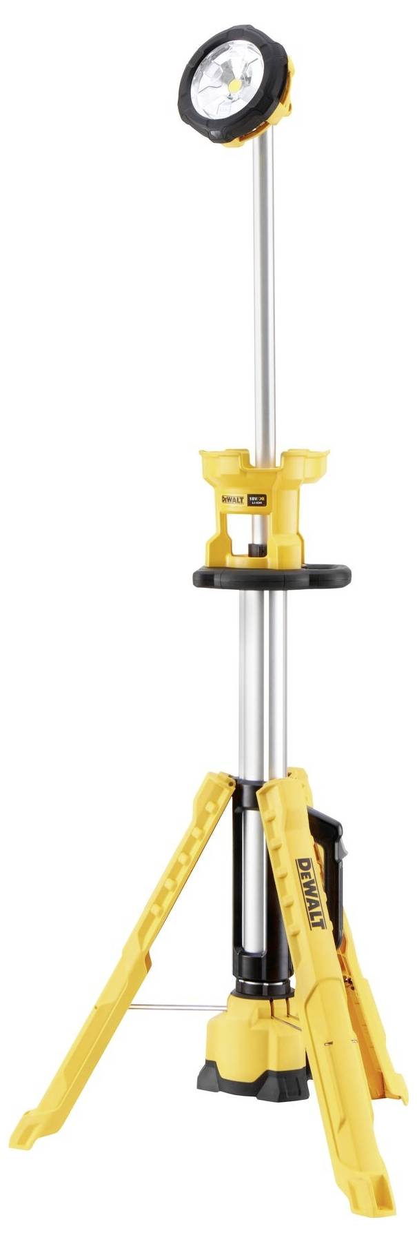 Een gele statief-bouwlamp met ronde lamp, uittrekbare voet, geschikt voor bouwwerkzaamheden of buitenverlichting.