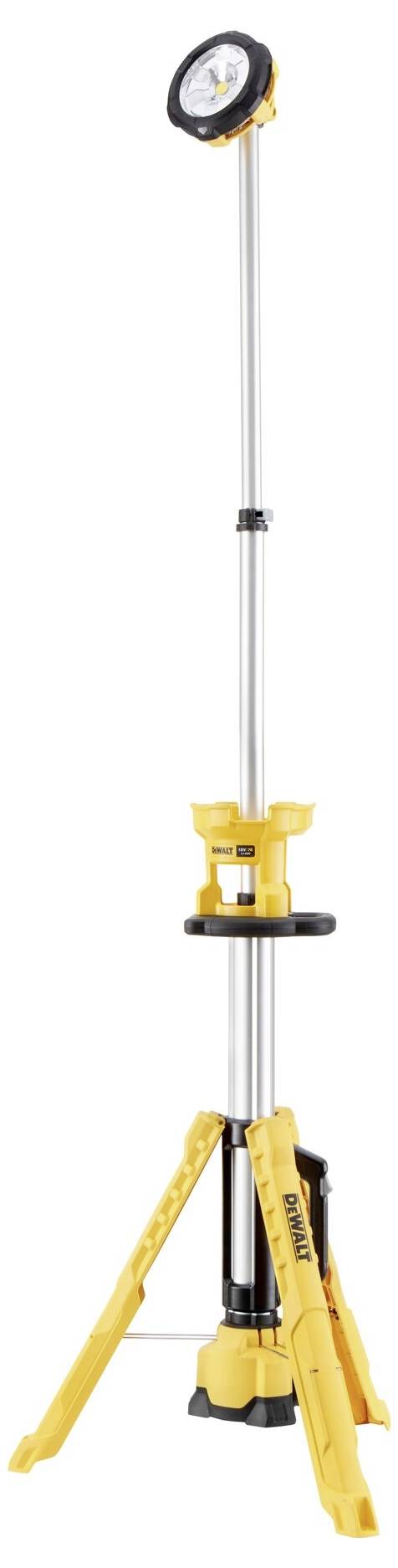 Een draagbare, gele LED-bouwlamp op een uittrekbaar statief, ideaal voor het verlichten van werkgebieden.