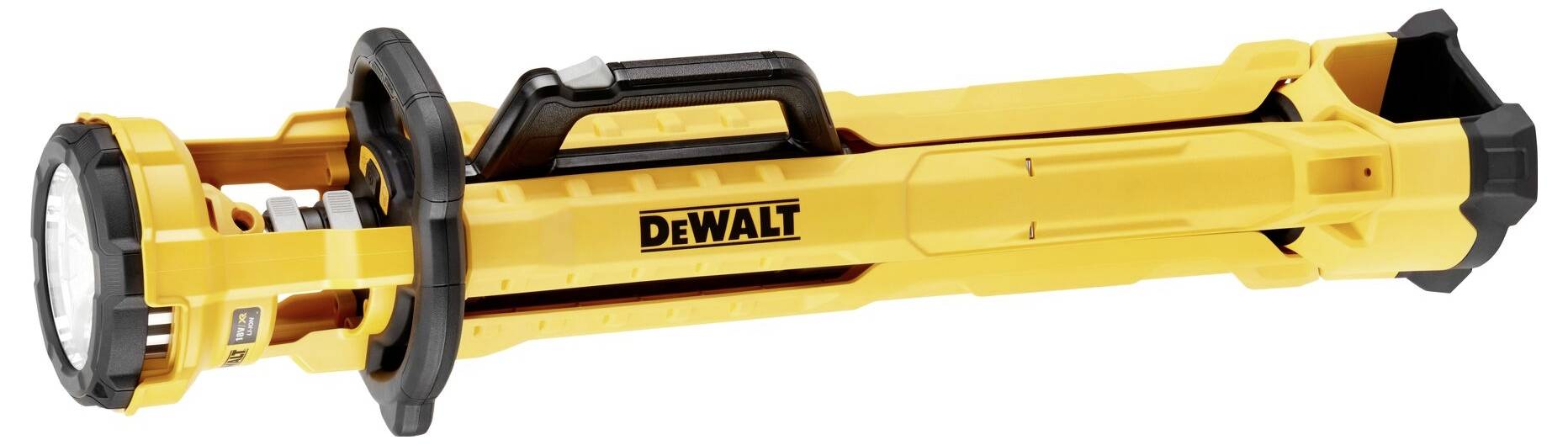 Geel, draagbaar DeWalt-statieflicht met zwarte handgreep, ingeklapt. Geschikt voor bouwverlichting.