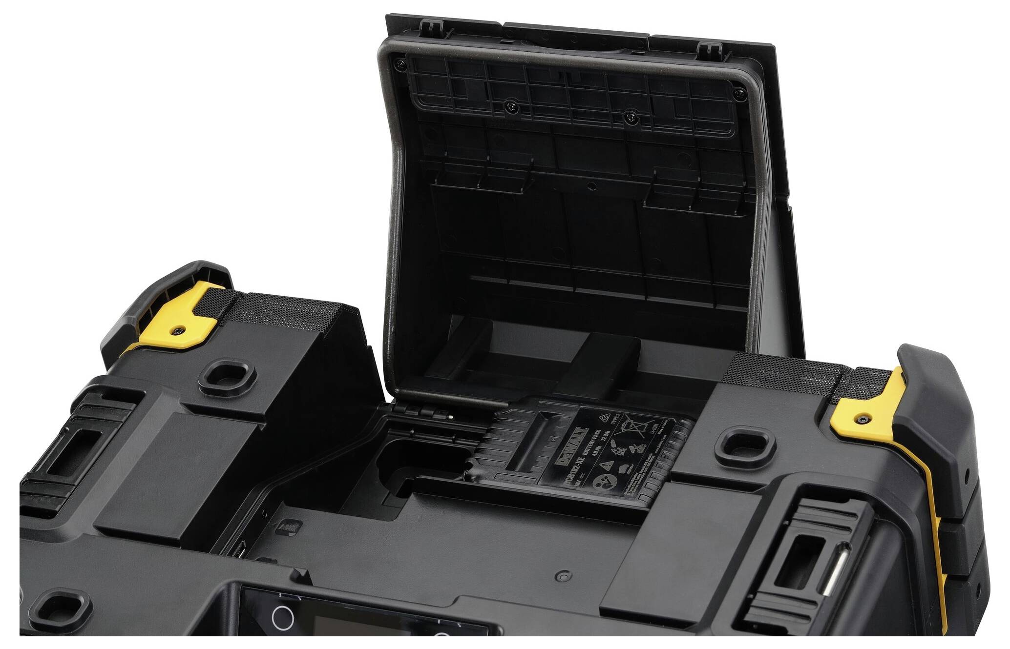 'Opened black toolbox with yellow handle, showing an empty main compartment and a lid with an integrated compartment.'