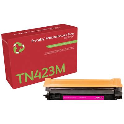 Een rode verpakking van een Xerox TN423M tonercartridge naast de cartridge zelf. Opschrift: 'Everyday Remanufactured Toner'.