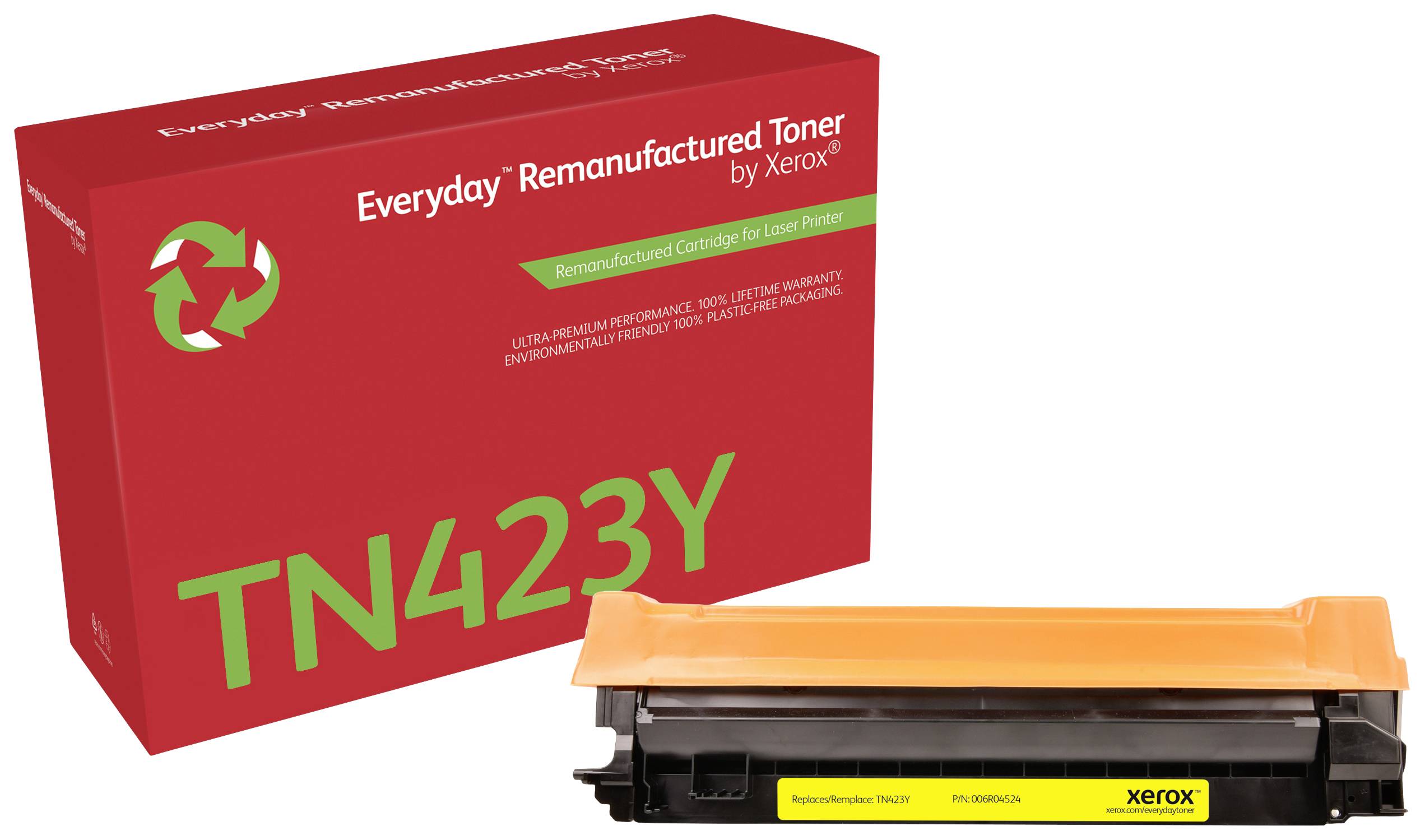 Gele Xerox TN423Y tonercartridge voor laserprinter voor een rode verpakking met recyclingsymbool en 'Everyday Remanufactured Toner'-tekst.