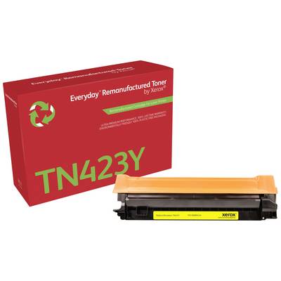 Gele Xerox TN423Y tonercartridge voor laserprinter voor een rode verpakking met recyclingsymbool en 'Everyday Remanufactured Toner'-tekst.
